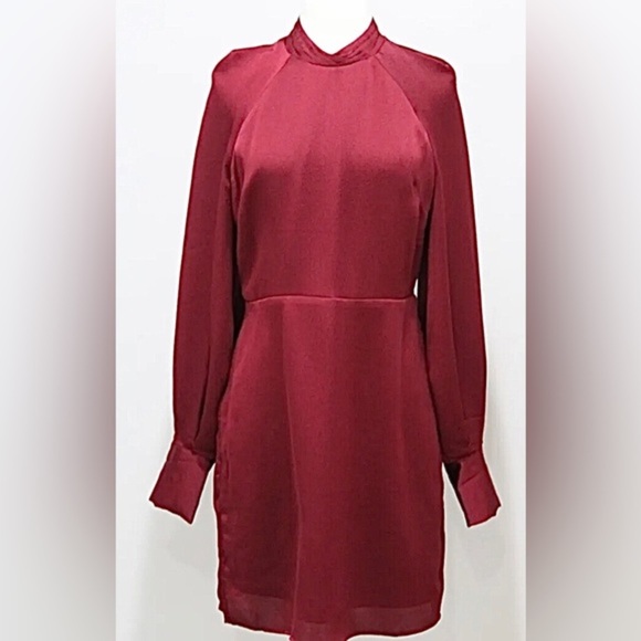 EXPRESS Burgundy Mock Neck textured satin look long Balloon Sleeve Dress size XS - Picture 1 of 10